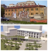 Fig. 7. Valorizzazione del patrimonio immobiliare pubblico. Progetto per la riqualificazione dell’ex Ferrhotel di Pescara. Stato di fatto e ipotesi di recupero.