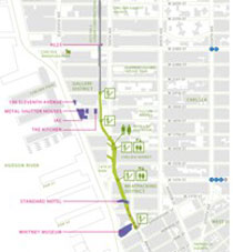 “Planimetria del primo stralcio con indicazioni sul contesto”, planimetria prodotta da Friends of the High Line. Immagini di James Corner Field Operations and Diller Scofidio + Renfro, Courtesy the City of New York, Map design: Patrick Hazari. Prima edizione © 2009 Friends of the High Line. 