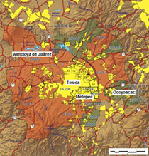 Area Metropolitana di Toluca. Fonte: Sedesol-Conapo-INEGI (2012, Delimitación de Zonas Metropolitanas de México 2010)
